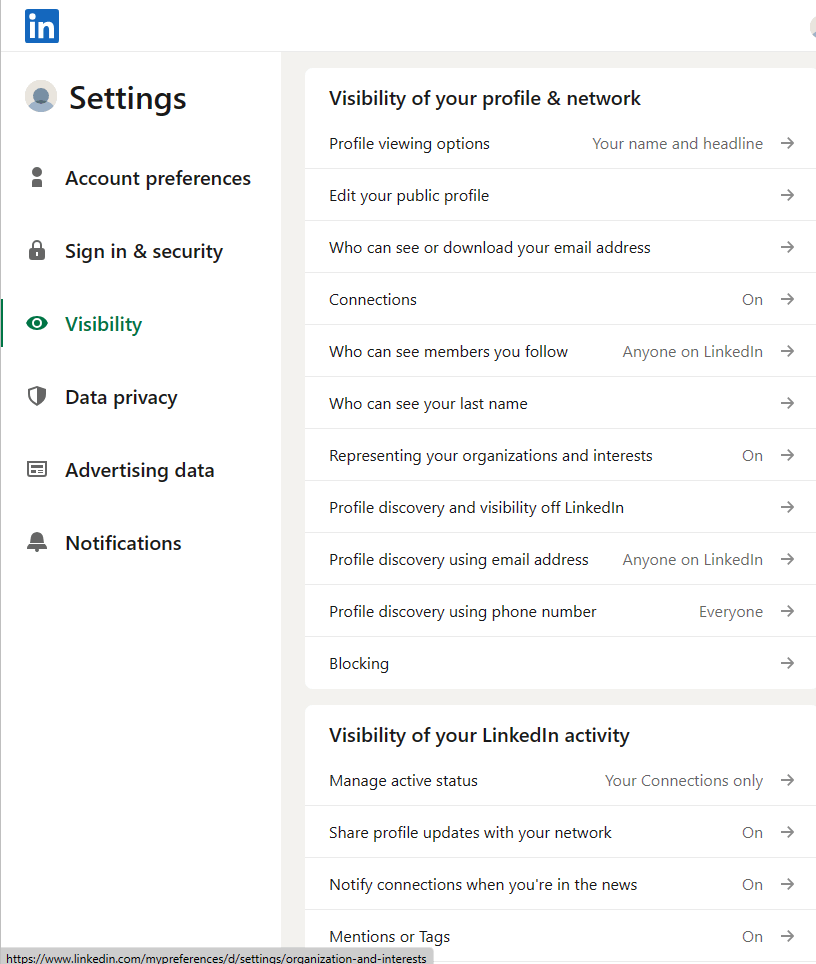 linkedin profile anonymous setting options