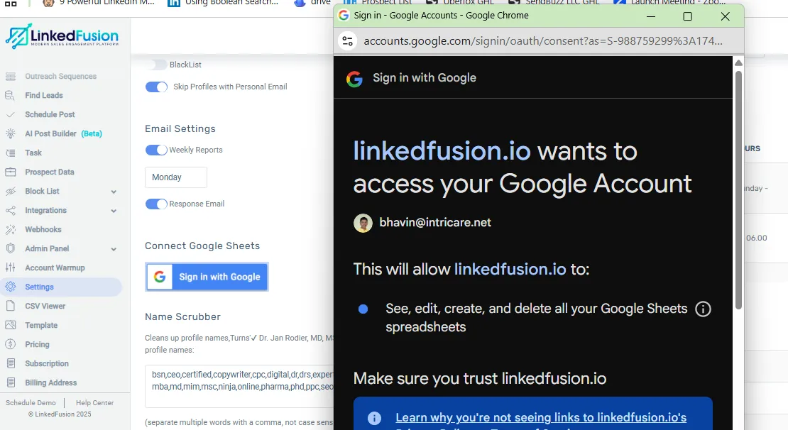 Step 3. Allow permission to LinkedFusion to access your Google Sheet data