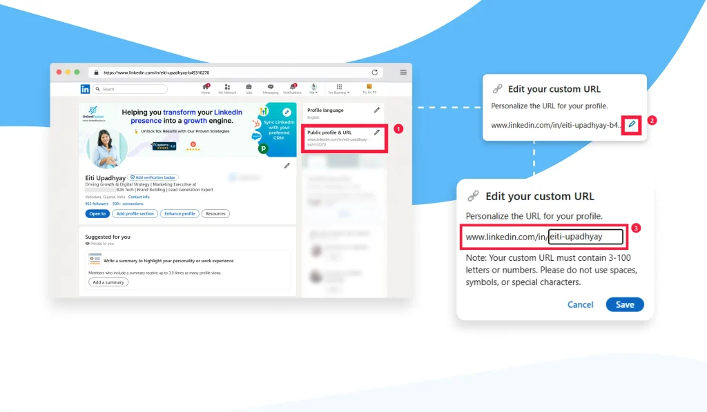 “Edit public profile & URL” section with pencil icon highlighted