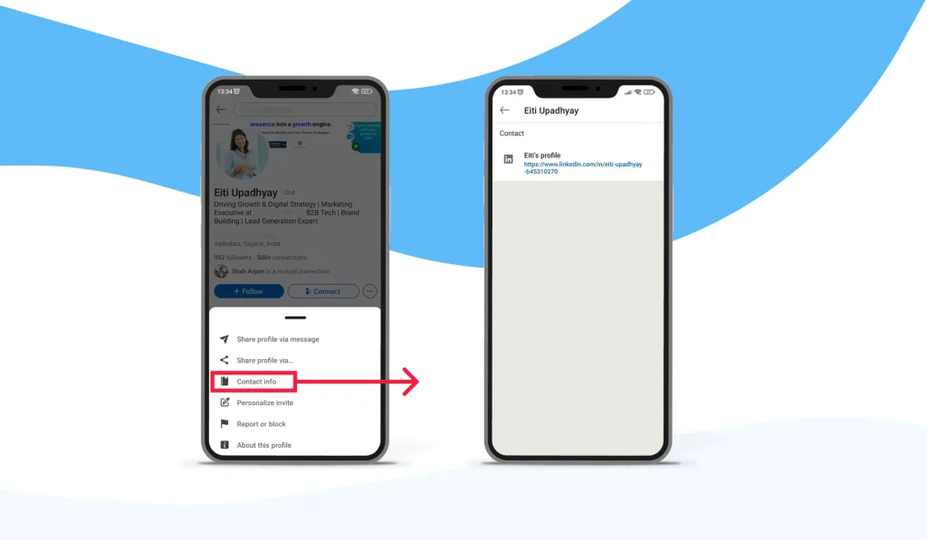 Mobile LinkedIn app showing Contact Info screen