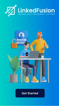 LinkedFusion profile-checker promotion showing two people at a laptop with profile and padlock symbols.