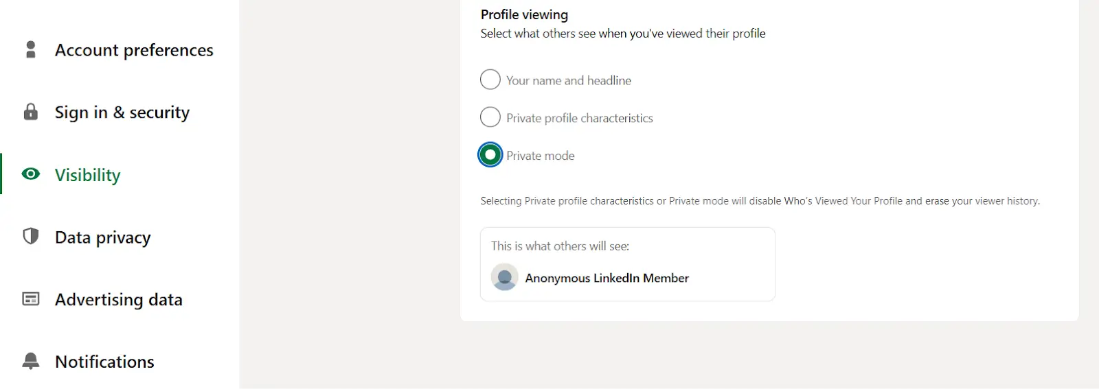 LinkedIn profile browsing and Private Mode settings